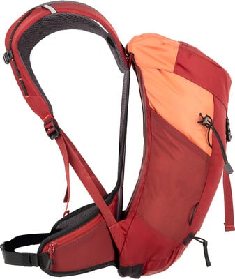 Seitenansicht eines roten Rucksacks mit orangefarbenem Oberteil und verstellbaren Gurten. Seitenansicht eines roten Rucksacks mit orangefarbenem Oberteil und verstellbaren Gurten.