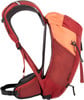 Seitenansicht eines roten Rucksacks mit orangefarbenem Oberteil und verstellbaren Gurten.