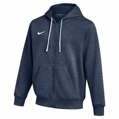 Dunkelblaue Kapuzenjacke mit weißer Kordel und Nike-Logo. Dunkelblaue Kapuzenjacke mit weißer Kordel und Nike-Logo.