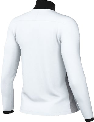 Rückansicht eines weißen Langarm-Sweatshirts mit schwarzem Kragen. Rückansicht eines weißen Langarm-Sweatshirts mit schwarzem Kragen.