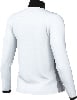 Rückansicht eines weißen Langarm-Sweatshirts mit schwarzem Kragen.