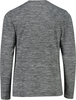 Rückansicht eines grauen Langarmshirts mit meliertem Muster. Rückansicht eines grauen Langarmshirts mit meliertem Muster.
