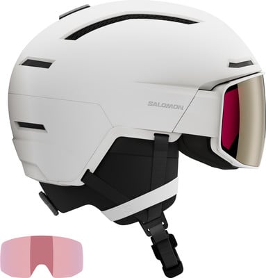 Weißer Skihelm von Salomon mit integriertem Visier und Ersatzglas. Weißer Skihelm von Salomon mit integriertem Visier und Ersatzglas.