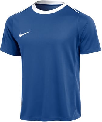 Ein blaues Nike-T-Shirt mit weißem Kragen und Logo. Ein blaues Nike-T-Shirt mit weißem Kragen und Logo.