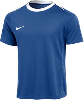 Ein blaues Nike-T-Shirt mit weißem Kragen und Logo.