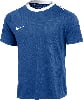 Ein blaues Nike-T-Shirt mit weißem Kragen und Logo.