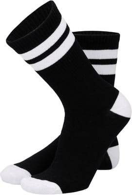 Schwarze Socken mit weißen Streifen und weißer Spitze, isoliert auf weißem Hintergrund.