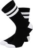 Schwarze Socken mit weißen Streifen und weißer Spitze, isoliert auf weißem Hintergrund.