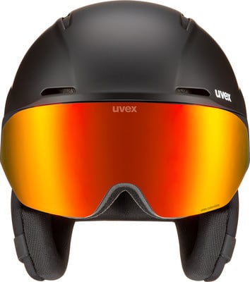 Schwarzer Skihelm mit integrierter rot-goldener Visierscheibe. Schwarzer Skihelm mit integrierter rot-goldener Visierscheibe.