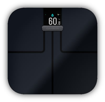 Eine digitale Garmin-Waage zeigt 60,8 % Körperwasser an. Eine digitale Garmin-Waage zeigt 60,8 % Körperwasser an.
