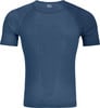 Blaues T-Shirt mit kurzen Ärmeln und Logo auf dem Rücken.