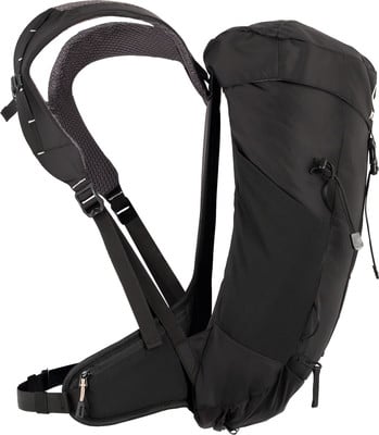 Schwarzer Rucksack mit gepolsterten Schultergurten und Hüftgurt. Schwarzer Rucksack mit gepolsterten Schultergurten und Hüftgurt.