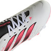 Weißer Fußballschuh mit rosa Adidas-Streifen und Predator-Schriftzug.
