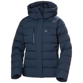 Sötétkék, kapucnis, Helly Hansen logós férfi télikabát.
