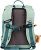 Grüner Rucksack mit schwarzem Netzrücken und Stofftier.