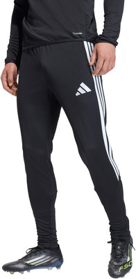 Schwarze Adidas Sporthose mit weißen Streifen und Logo.