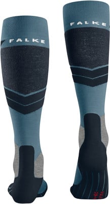 Zwei blaue FALKE Kniestrümpfe mit dunkleren Streifen und Logo. Zwei blaue FALKE Kniestrümpfe mit dunkleren Streifen und Logo.