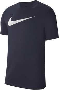 Dunkelblaues Nike-T-Shirt mit weißem Logo auf der Brust.