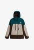 Bunda The North Face s kapucí a barevným blokováním v odstínech tmavě zelené, béžové a hnědé.