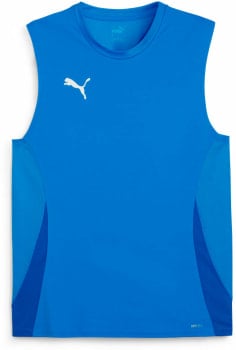 Ein blaues Puma-Tanktop mit weißem Logo und dunkleren Seitenpaneelen.