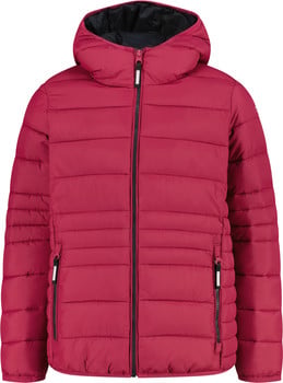 Eine rote Steppjacke mit Kapuze und schwarzem Reißverschluss.