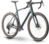 Modernes dunkelgraues Gravelbike mit breiten Reifen und Scheibenbremsen.