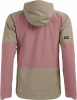 Rückansicht einer Damenjacke mit Kapuze in Rosa und Beige.
