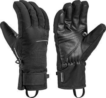Schwarze Skihandschuhe mit Lederhandflächen und Leki-Logo.