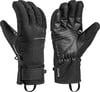 Schwarze Skihandschuhe mit Lederhandflächen und Leki-Logo.