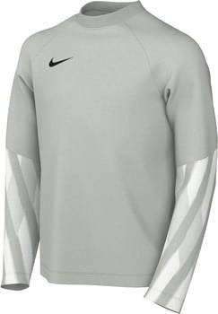 Graues Nike Sweatshirt mit schwarzem Logo und gestreiften Ärmeln.