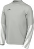 Graues Nike Sweatshirt mit schwarzem Logo und gestreiften Ärmeln.