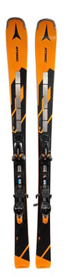 Atomic Redster 09 Ski mit schwarzen und orangen Details und Bindung.