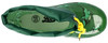 Grüne Kindergummistiefel mit Dinosaurier-Motiv und gelben Schnürsenkeln.