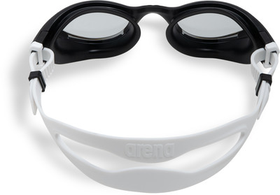 Schwarze Schwimmbrille mit weißem Band und Arena-Logo. Schwarze Schwimmbrille mit weißem Band und Arena-Logo.