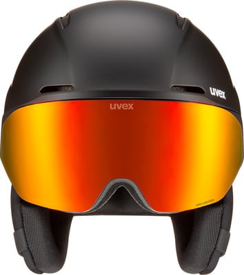 Schwarzer Skihelm mit großem roten Visier und Uvex-Logo. Schwarzer Skihelm mit großem roten Visier und Uvex-Logo.