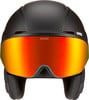 Schwarzer Skihelm mit großem roten Visier und Uvex-Logo.