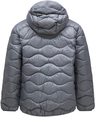 Rückansicht einer grauen Daunenjacke mit Kapuze und Wellensteppung. Rückansicht einer grauen Daunenjacke mit Kapuze und Wellensteppung.