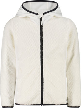 Weiße Fleecejacke mit Kapuze und schwarzem Reißverschluss, gestepptes Muster.