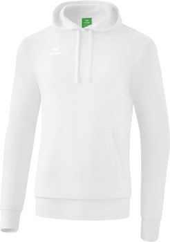 Weißer Kapuzenpullover mit Kängurutasche, Erima-Logo auf der Brust.