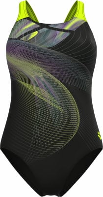 Schwarzer Damen-Badeanzug mit neonfarbenen und violetten Mustern.
