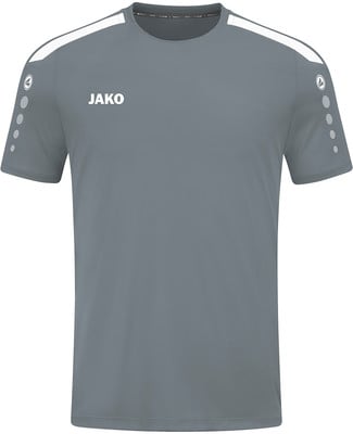 Graues T-Shirt mit weißem JAKO-Logo und Streifen an den Schultern.