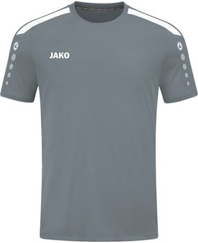 Graues T-Shirt mit weißem JAKO-Logo und Streifen an den Schultern.