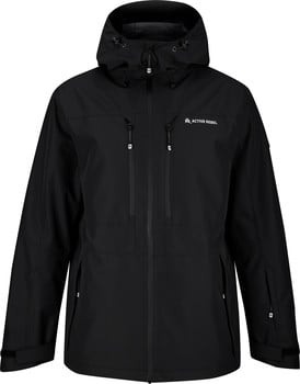 Schwarze Herren-Skijacke mit Kapuze und Active Rebel Logo.