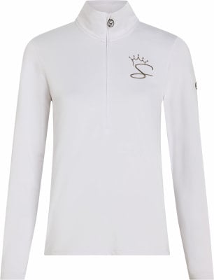 Weißes Langarmshirt mit Reißverschluss am Kragen, verziert mit goldenem Logo.