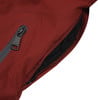 Detail eines dunkelroten Stoffes mit schwarzer Netztasche und Reißverschluss.