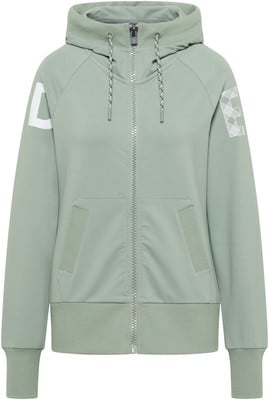 Hellgrüner Damen-Kapuzenpullover mit Reißverschluss.