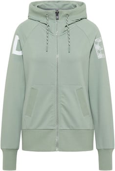 Hellgrüner Damen-Kapuzenpullover mit Reißverschluss.