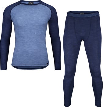 Blaues Thermounterhemd mit langen Ärmeln und Leggings aus meliertem Strick.