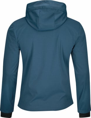 Rückansicht einer blauen Kapuzenjacke mit Logo