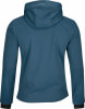 Rückansicht einer blauen Kapuzenjacke mit Logo